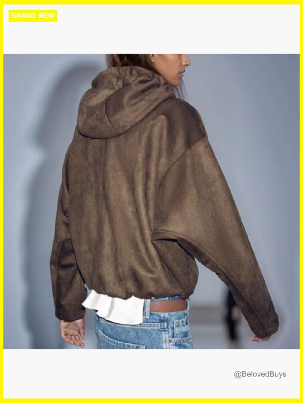 Women's Faux Suede Drawstring Hooded Bomber Jacket - Picture 5 of 7